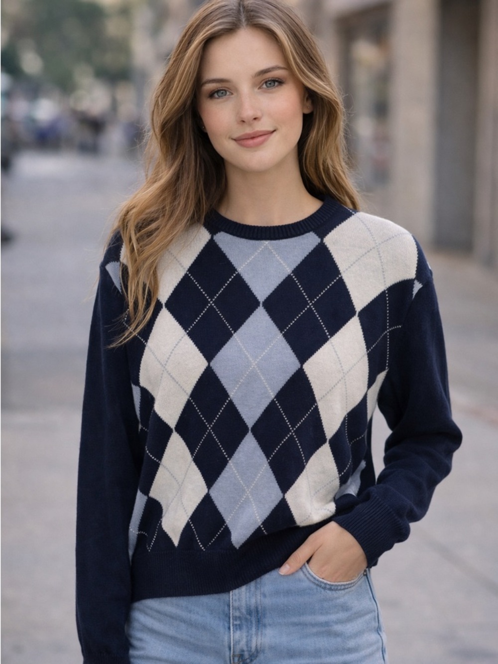 Brandy Melville Navy Argyle Cotton Sweater Classic Fit
